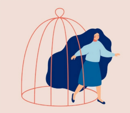 Illustration einer Frau die aus dem Vogelkäfig ausbricht
